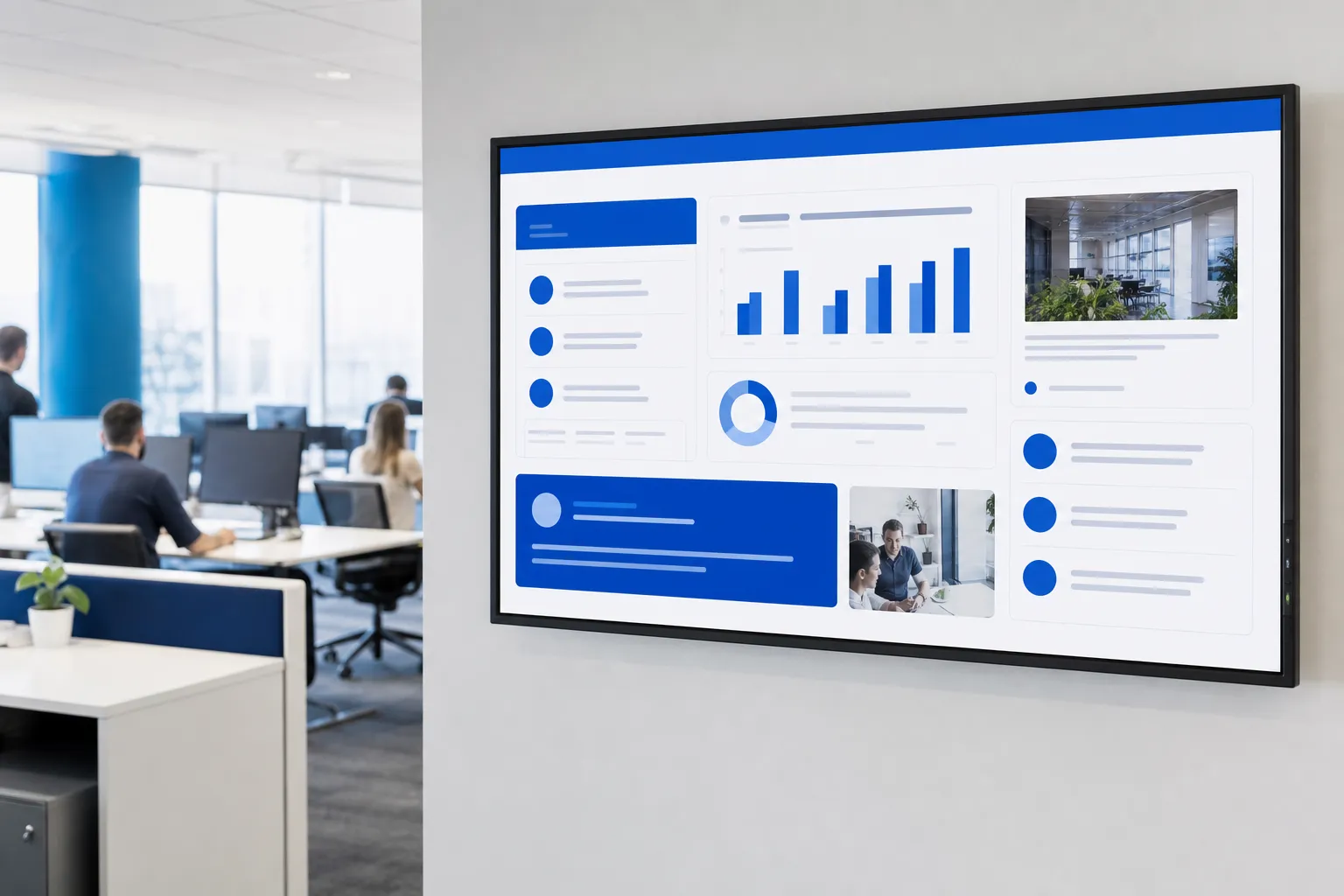 Large screen showing company announcements and dashboards in an open-plan office