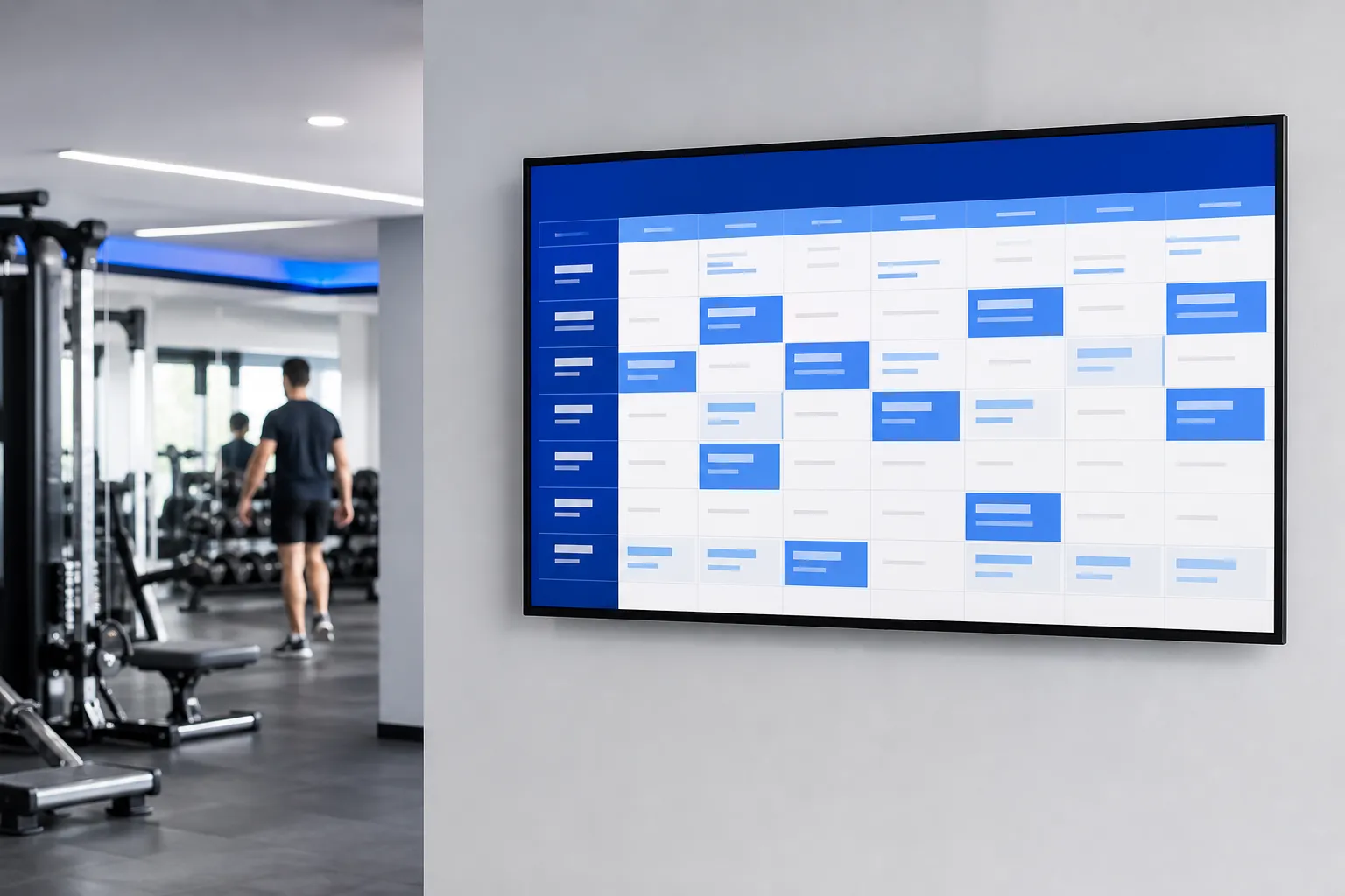 Wall-mounted screen showing a class timetable inside a modern fitness gym