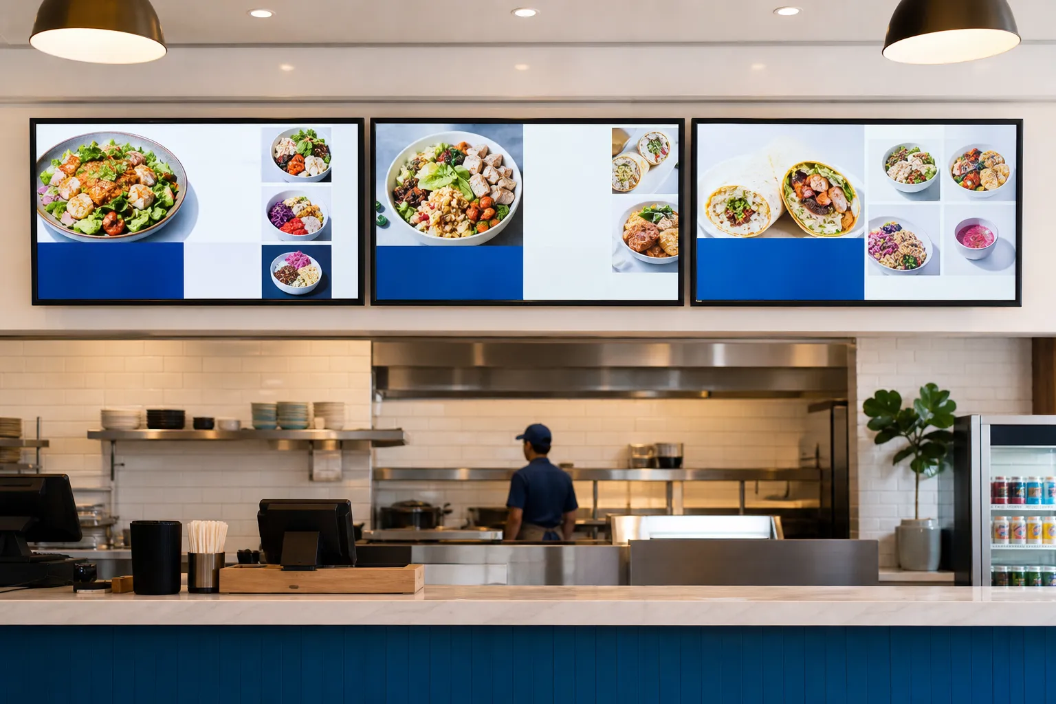Digital menu boards above the ordering counter of a modern restaurant
