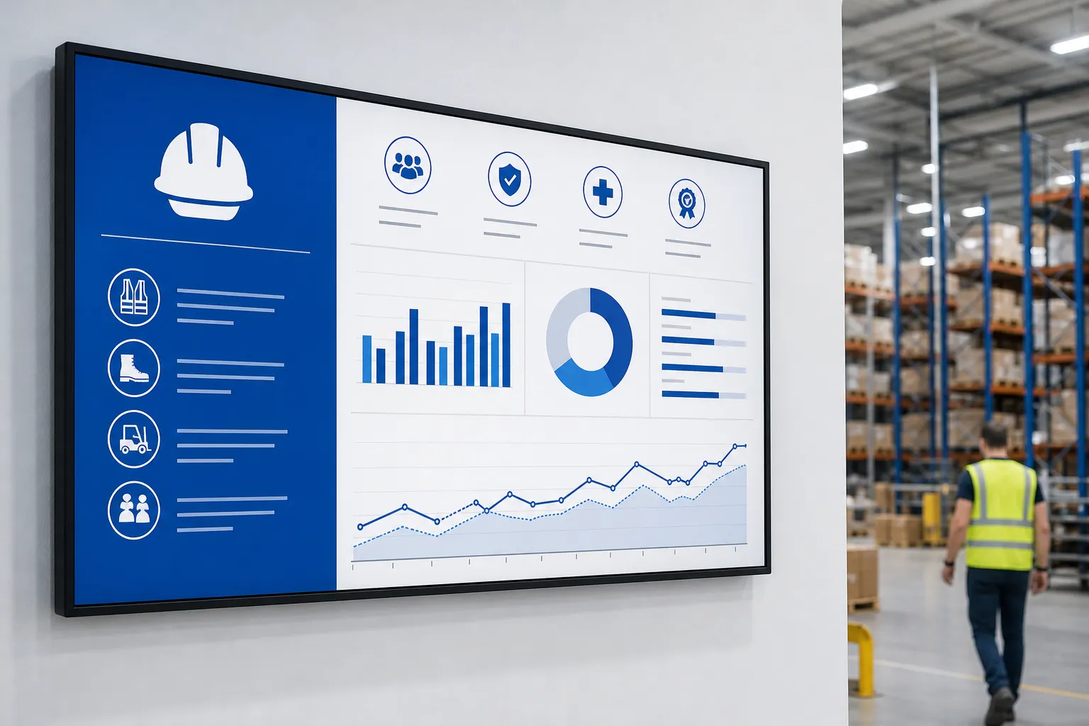 Large digital display showing safety and production information in a bright warehouse